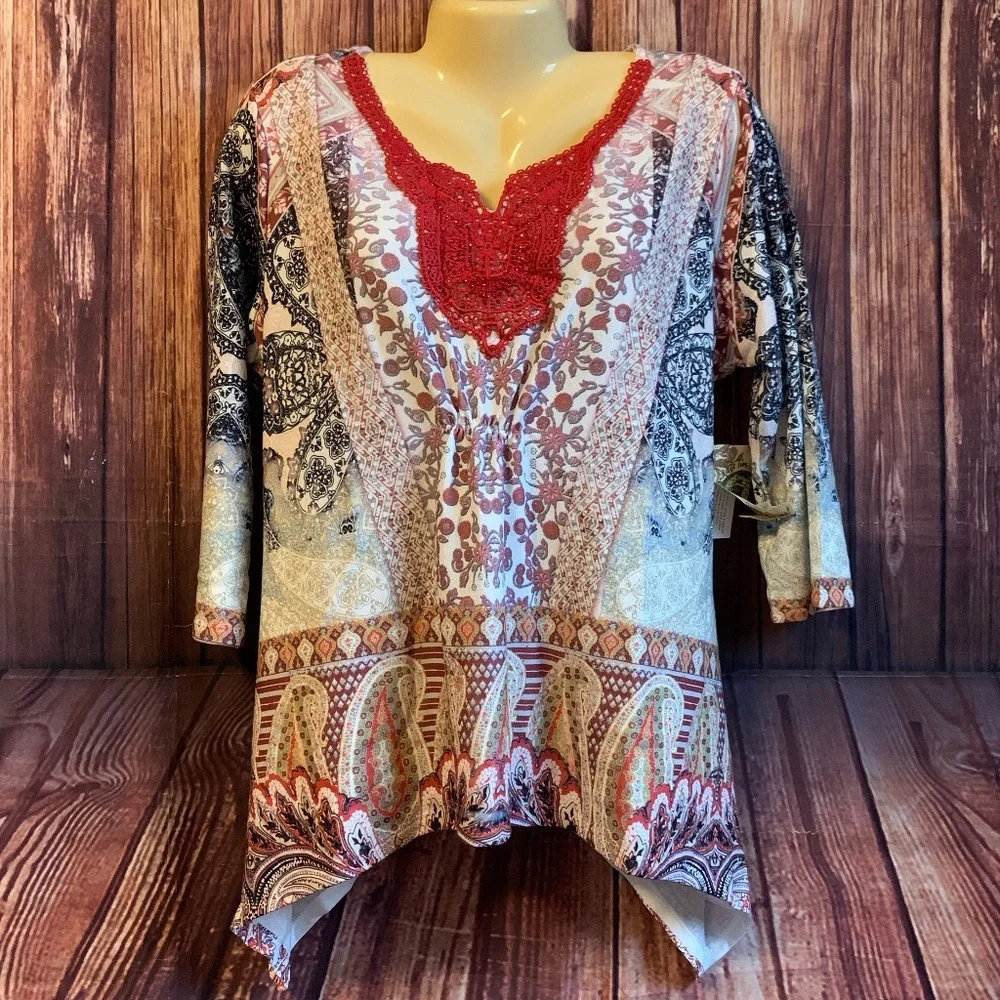 ONE WORLD WOMEN'S PLUS 1X 18/20 TOP TUNIC BLOUSE PAISLEY BOHO TRIBAL NWT V-NECK - Picture 1 of 12